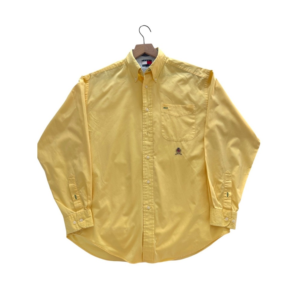 Vintage Tommy Hilfiger Button Down Shirt Mens Large Yellow Crest Logo 90s Cotton